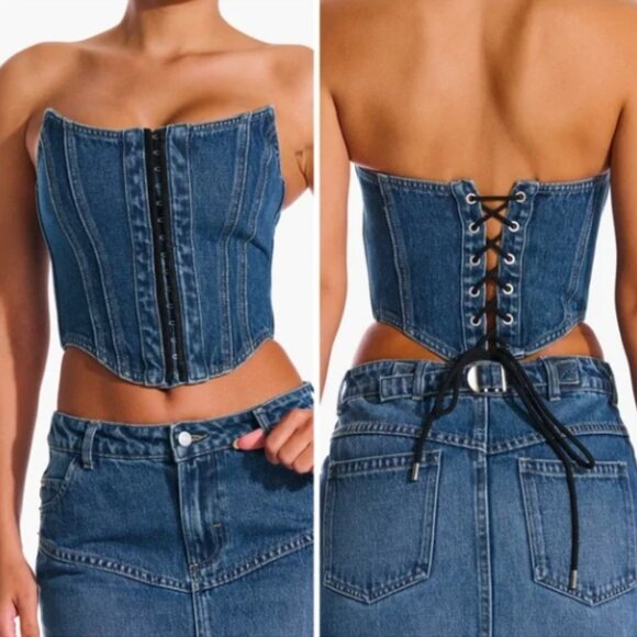 naked wardrobe Tops - Naked Wardrobe Denim Corset Womens XS Blue Dreams Strapless Lace Up Back Top EUC